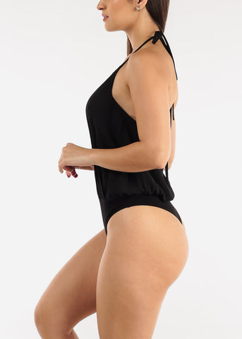 Image of Black Wrap Front Halter Thong Bodysuit