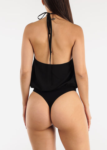 Image of Black Wrap Front Halter Thong Bodysuit
