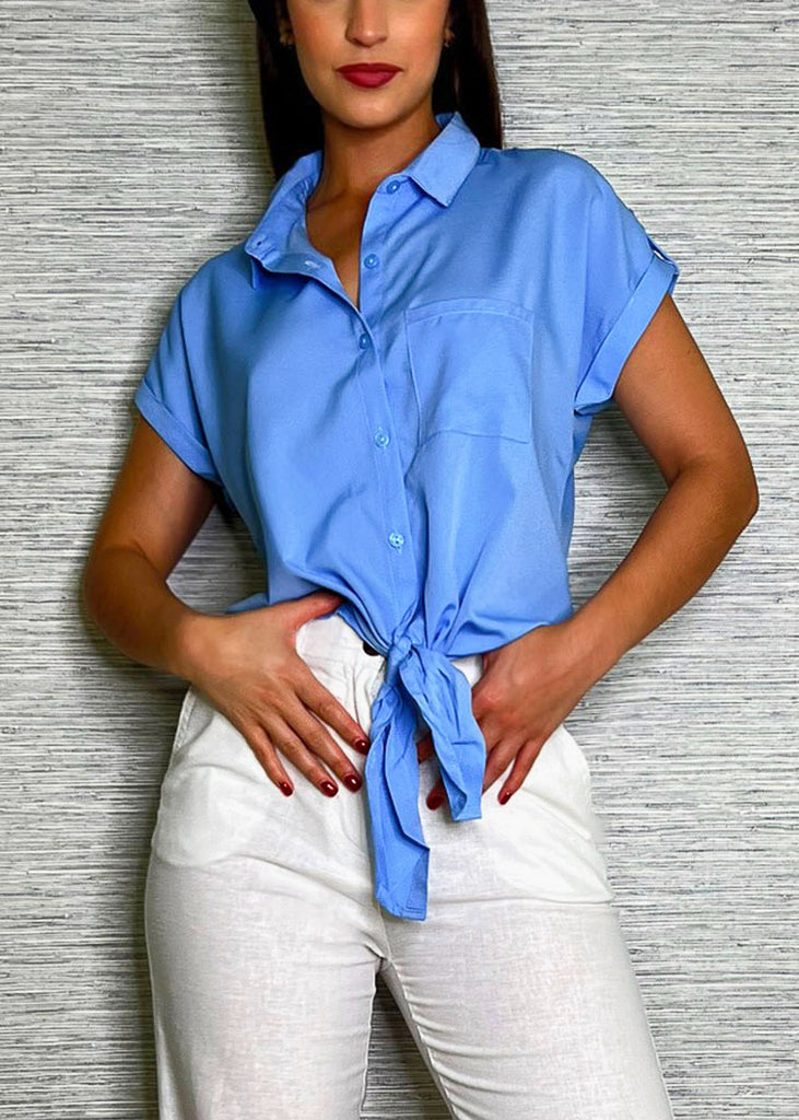 Short Sleeve Button Up Blouse Blue w Tie Front