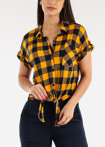 Image of Short Sleeve Tie Front Button Up Plaid Shirt Mustard & Navy