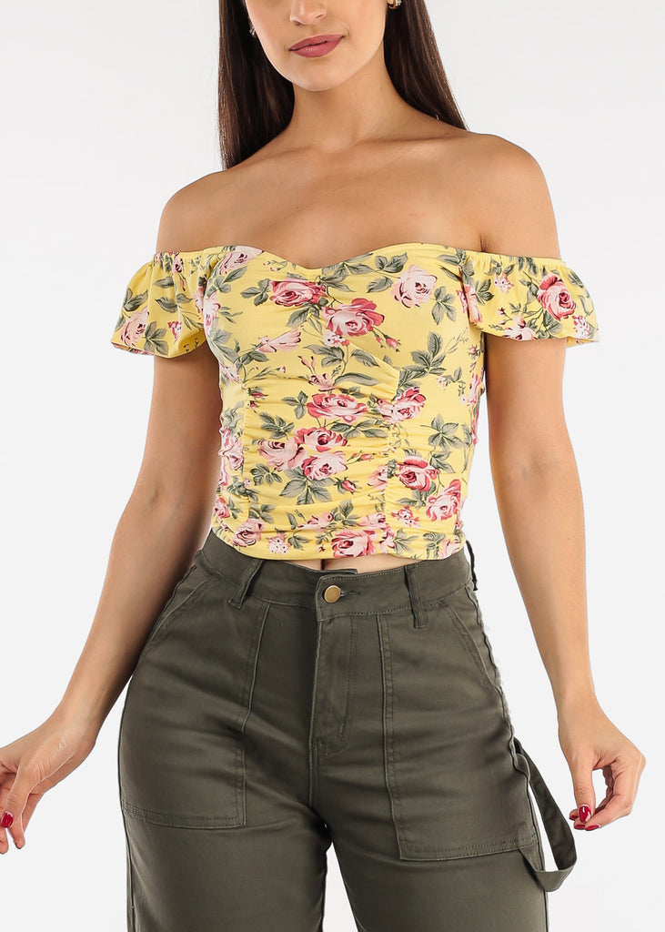 Ruched Short Sleeve Floral Top Yellow