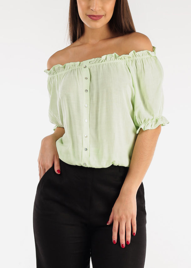 Off Shoulder Button Front Rayon Top Mint