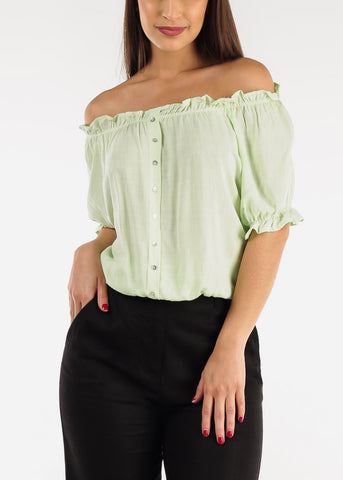 Image of Off Shoulder Button Front Rayon Top Mint