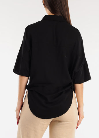 Image of Black Short Sleeve Tie Front Button Up Tunic Shirt