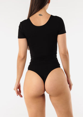 Image of Black Short Sleeve Notched Ribbed Thong Bodysuit