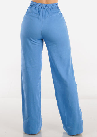 Image of High Waist Straight Wide Leg Linen Pants Blue
