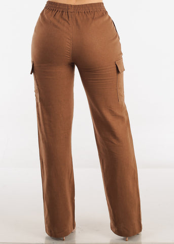 Image of High Waist Straight Leg Linen Cargo Pants Brown