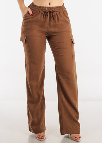 Image of High Waist Straight Leg Linen Cargo Pants Brown