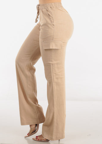 Image of Khaki High Waist Straight Leg Linen Cargo Pants