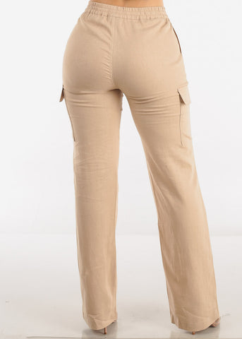 Image of Khaki High Waist Straight Leg Linen Cargo Pants