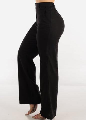 Image of Black High Waist Straight Wide Leg Linen Pants