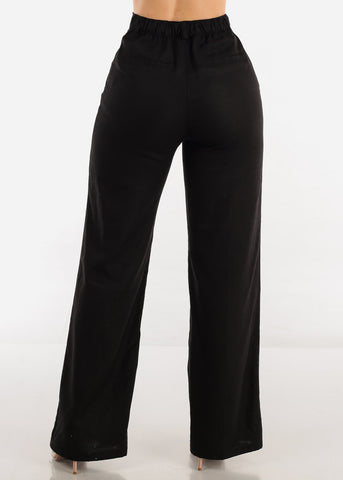 Image of Black High Waist Straight Wide Leg Linen Pants
