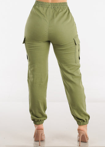 Image of Olive High Rise Linen Drawstring Waist Cargo Joggers