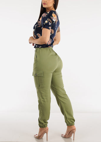 Image of Olive High Rise Linen Drawstring Waist Cargo Joggers