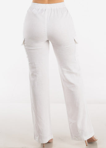Image of White High Waist Straight Leg Linen Cargo Pants