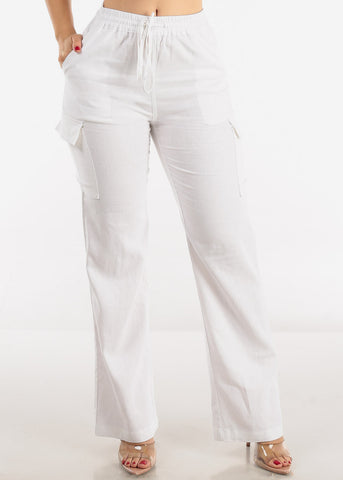 Image of White High Waist Straight Leg Linen Cargo Pants