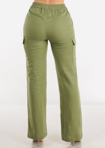 Image of High Waist Straight Leg Linen Cargo Pants Light Olive