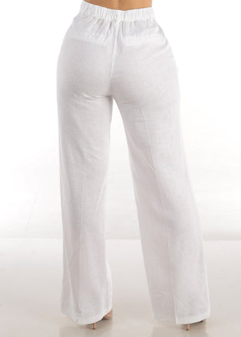 Image of White High Waist Straight Wide Leg Linen Pants