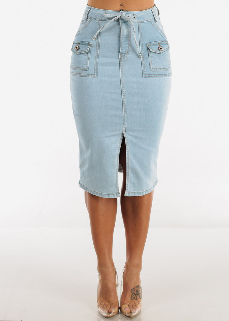 Belted Denim Pencil Midi Skirt w Pockets