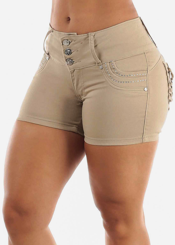 MX JEANS Butt Lift Braided Pockets Khaki Shorts