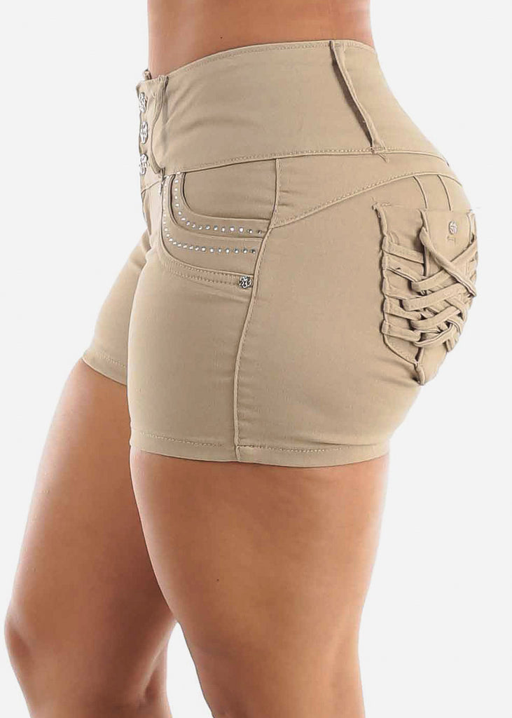 MX JEANS Butt Lift Braided Pockets Khaki Shorts