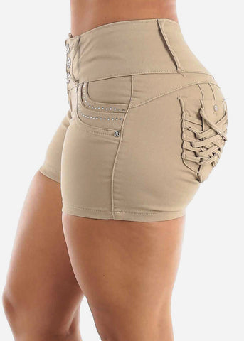 Image of MX JEANS Butt Lift Braided Pockets Khaki Shorts
