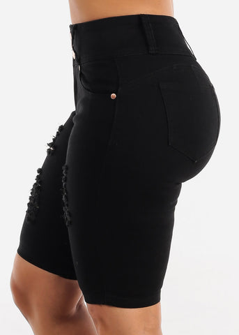 Image of Black Butt Lifting Distressed High Waist Bermuda Shorts