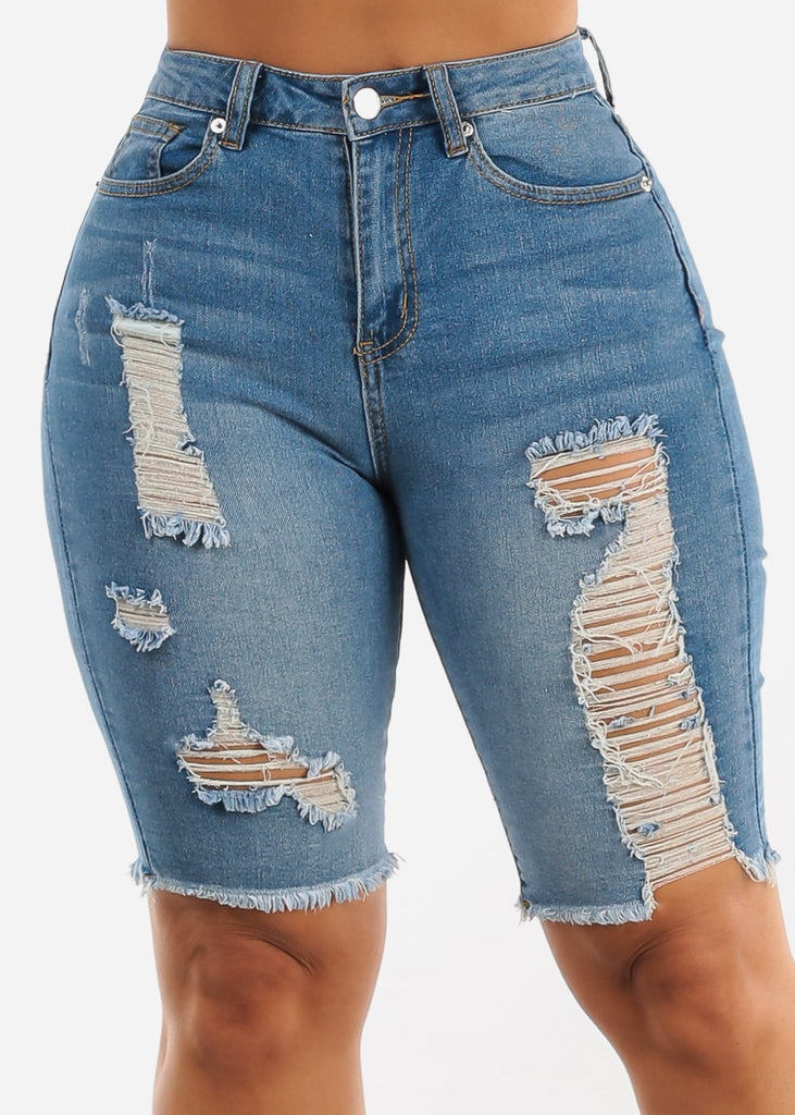 High Waisted Distressed Knee Length Bermuda Shorts