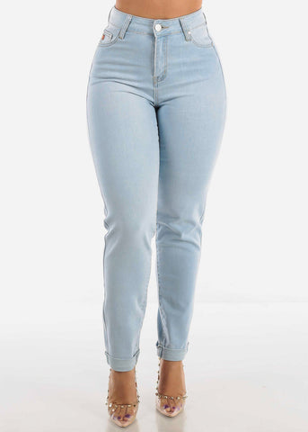Image of High Waisted Cuffed Skinny Jeans Light Wash