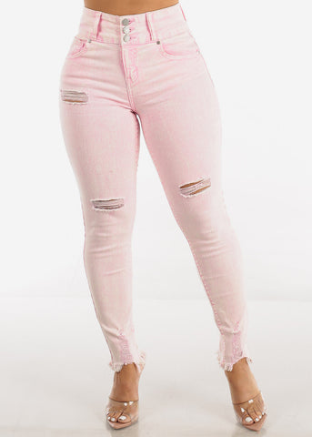 Image of Butt Lifting Acid Wash Distressed Skinny Jeans Pink