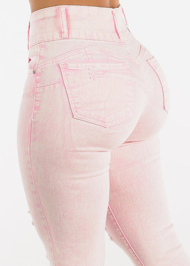 Butt Lifting Acid Wash Distressed Skinny Jeans Pink