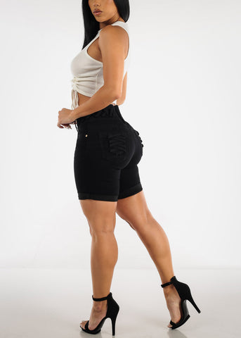 Image of Black High Waisted Butt Lifting Mid Thigh Shorts