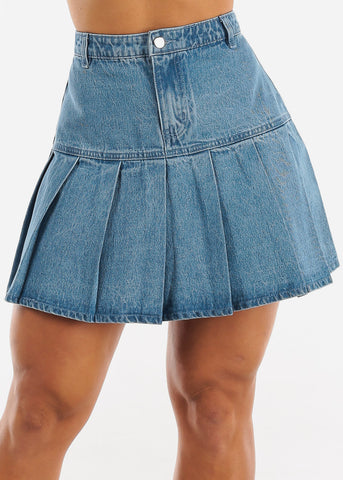 Image of A-Line Pleated Denim Mini Skirt Med Blue