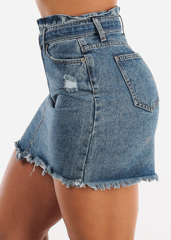 Image of Distressed Paperbag Denim Mini Skirt w Belt