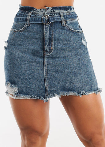 Image of Distressed Paperbag Denim Mini Skirt w Belt