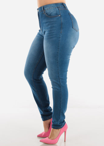 Image of PLUS SIZE High Waisted Whisker Skinny Jeans Med Wash