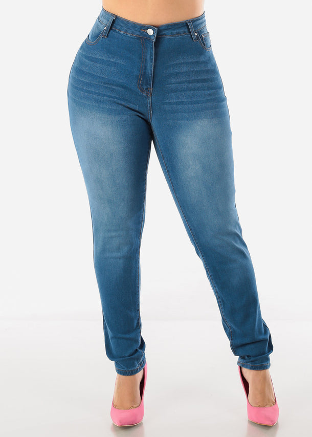 PLUS SIZE High Waisted Whisker Skinny Jeans Med Wash