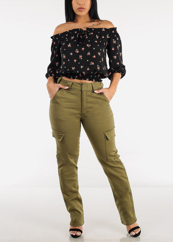Image of High Waisted Straight Cargo Pants Olive