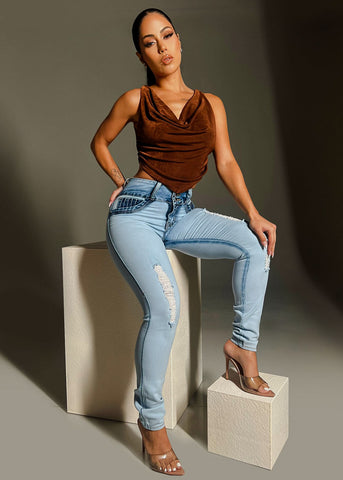 Image of Butt Lifting Distressed Acid Wash Skinny Jeans w Pocket Design