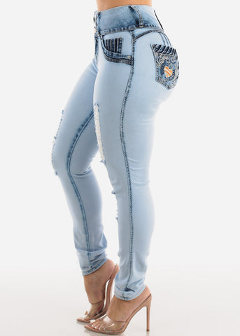 Image of Butt Lifting Distressed Acid Wash Skinny Jeans w Pocket Design