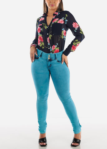 Image of Mid Rise Push Up Skinny Jeans Teal
