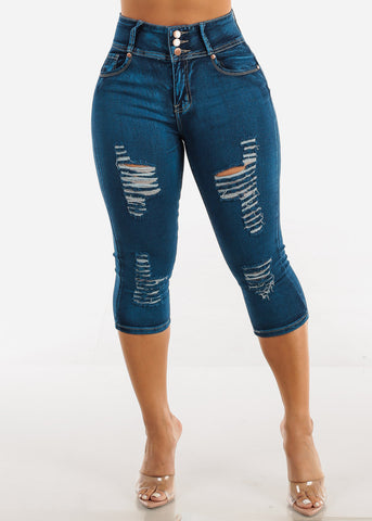 Image of Butt Lifting High Waisted Ripped Denim Capris