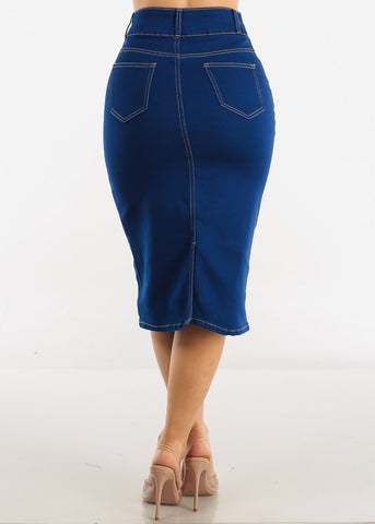 Image of High Waist Royal Blue Denim Midi Pencil skirt