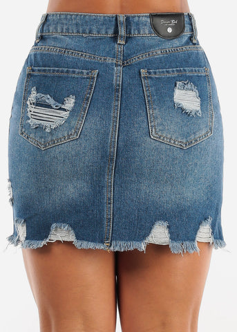 Image of High Waisted Distressed Cotton Denim Mini Skirt Med Blue