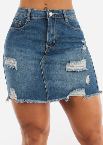 Image of High Waisted Distressed Cotton Denim Mini Skirt Med Blue