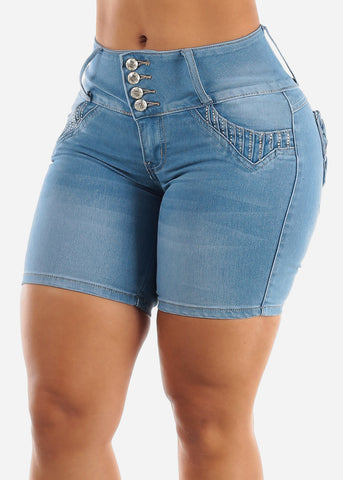 Image of MX JEANS Butt Lift Mid Thigh Light Denim Shorts