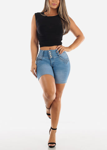 Image of MX JEANS Butt Lift Mid Thigh Light Denim Shorts
