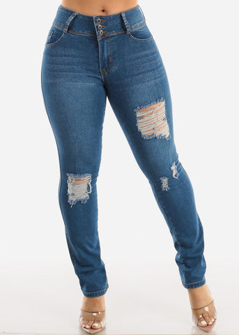 Image of Ripped Mid Rise Butt Lifting Blue Straight Leg Jeans
