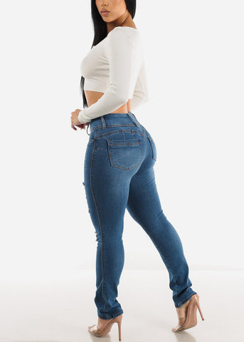 Image of Ripped Mid Rise Butt Lifting Blue Straight Leg Jeans