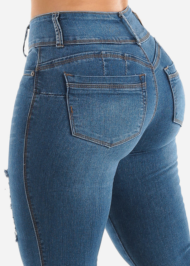 Ripped Mid Rise Butt Lifting Blue Straight Leg Jeans